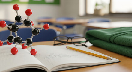 Science Study Desk with Notebook Pencil and Molecular Model