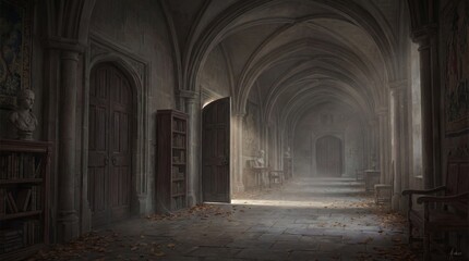 Fototapeta premium Gothic Corridor with Arched Ceiling and Doors, Dark Academia Interior, No People