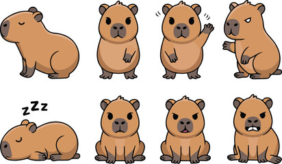 Fototapeta premium Cute Capybara Cartoon Mascot Vector Set with 8 Funny Poses