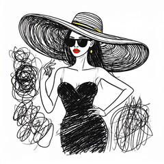 Abstract artist sketch of model in retro style fashion isolated on a white background