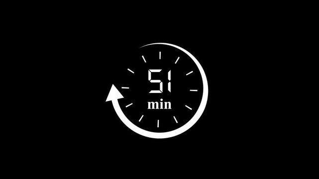 51 Minutes Clock Animation with Circular Arrow Loop on Black Background for Time Management and Deadline.