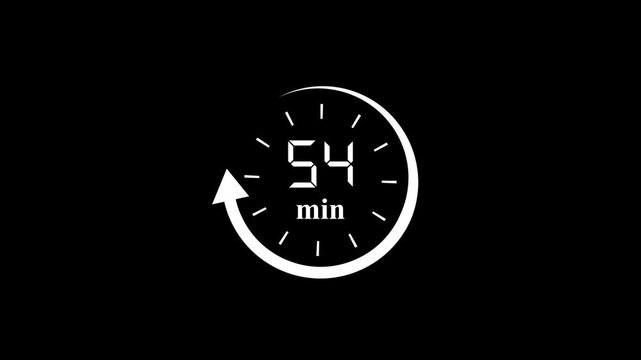 54 Minutes Clock Animation with Circular Arrow Loop on Black Background for Time Management and Deadline.