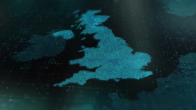 UK, United Kingdom, Britain, digital map animation stock footage. Showing innovation in tech, technology AI sector.