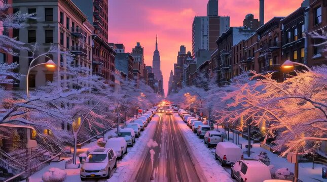 new york city, snow-covered streets with the empire state building in view at dusk, cars driving on snowy streets, trees lined up along both sides of the city road filled with snow, and buildings on e
