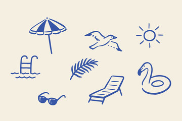 Obraz premium Beach pool summer icons hand drawn sketch vector illustration