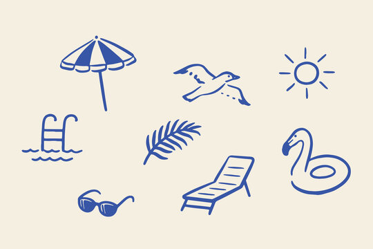 Beach pool summer icons hand drawn sketch vector illustration