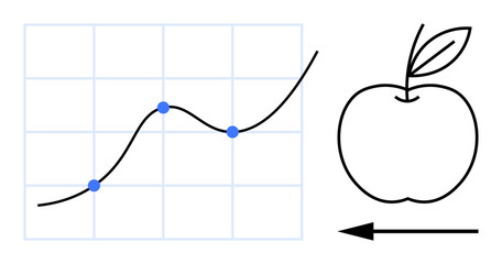 Data analysis. Graph connects points growth trends in data analysis. Apple icon and arrow for educational, business, math, physics, and creativity. Line metaphor. Simple line icons