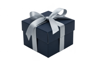 Dark blue gift box with silver bow dark blue box ribbon isolated on a transparent background