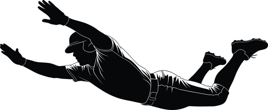 A striking silhouette illustration captures the intense moment of a baseball player making a spectacular diving catch