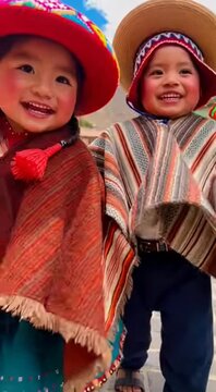 Toddlers spin joyfully while dancing Huayno in the Peruvian countryside during a sunny afternoon