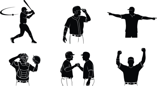 Silhouettes depicting different players and actions in a baseball game