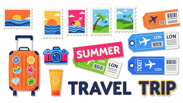 Vibrant travel stickers and icons with suitcase tickets and summer vibes for adventure and vacation planning handmade illustration vector