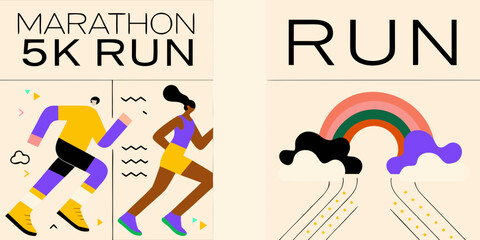 Colorful illustration promoting a marathon and 5k run with runners and rainbow