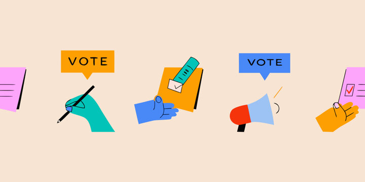 Illustrative scene depicting voting elements ballots hands and a megaphone