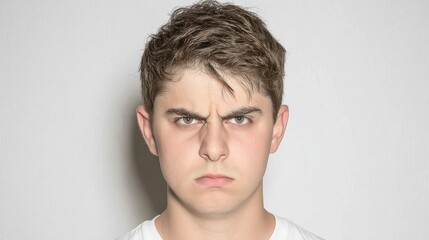 Naklejka premium Young man with neutral expression against white background, emotional detachment