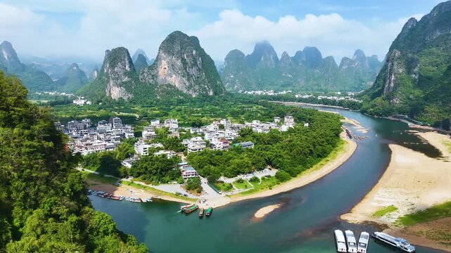 View of Li River with karst peaks at Xingping Ancient Town in the Guangxi Region, China