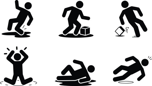 Set of black silhouette icons illustrating various common scenarios of people slipping and falling