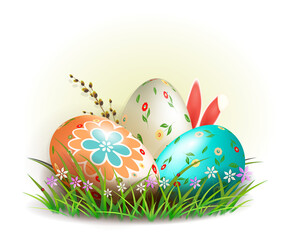 Easter composition with eggs, bunny ears and wicker, design element.