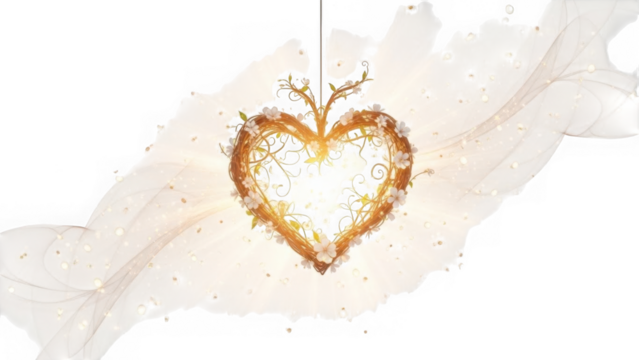 Illuminated golden heart decoration isolated on transparent background - Powered by Adobe