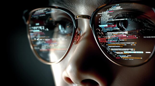 Portrait of depth. Close-up on a Filipino operator's face. Her eyes are reflected in her glasses, showing scrolling lines of code and data. But her expression is not about the code; it's one of profou