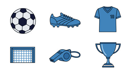 A set of blue soccer icons on transparent background including ball, cleat, jersey, goal, whistle, and trophy