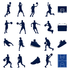 A set of blue silhouettes depicting various sports icons on transparent background