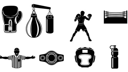 A set of boxing icons and illustrations on transparent background