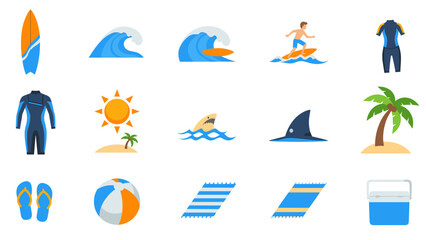 A set of colorful beach icons on transparent background