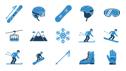 A set of blue ski icons on transparent background