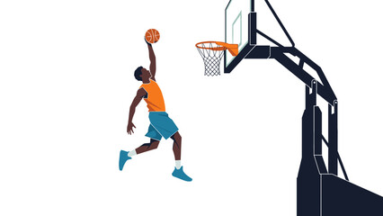 A dynamic illustration of a basketball player dunking a ball into a hoop on transparent background
