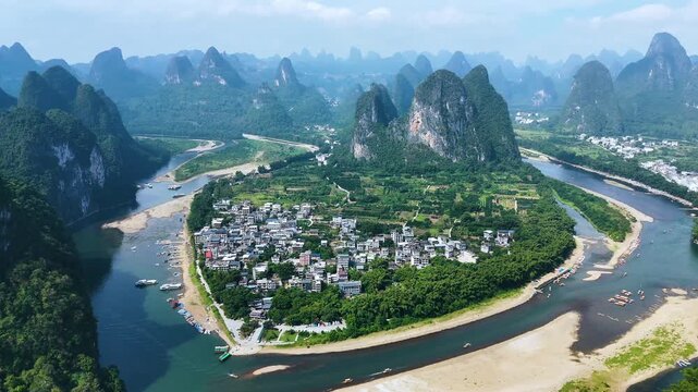 View of Li River with karst peaks at Xingping Ancient Town in the Guangxi Region, China