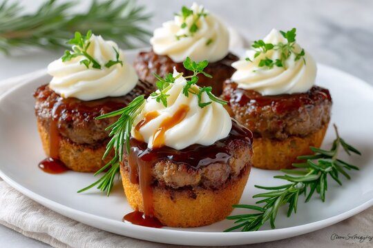 Savory meatloaf cupcakes with mashed potatoes and gravy
