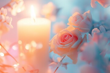 A serene composition of soft pink roses, delicate blooms, and a glowing candle, evoking tranquility and romance.