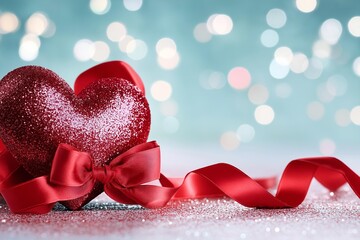 A sparkling red heart adorned with a ribbon, capturing the essence of love and celebration in a festive ambiance.