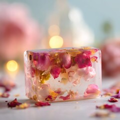 Beautiful handmade soap with flower petals on a serene background, perfect for relaxation and self-care.