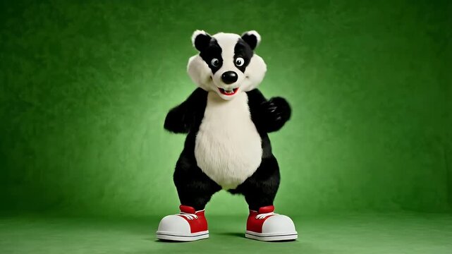 Full-body plush badger mascot character in a white and black costume, wearing red and white sneakers, standing on a green background.