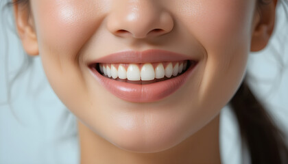 Partial face close-up with gentle smile, happiness and relief emotion, clean background, stock photography style