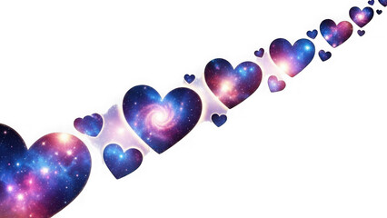 Floating hearts in cosmic space isolated on transparent background