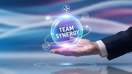 A businessman's hand displaying a glowing sphere symbolizing digital team synergy and collaboration