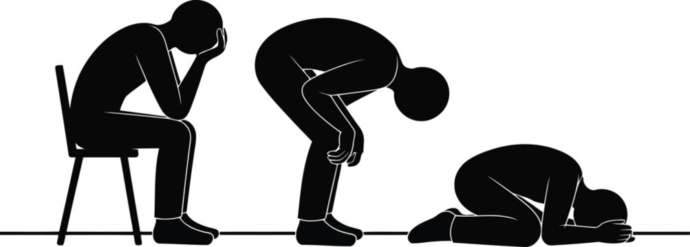 Silhouettes depict a person experiencing emotional pain, shown seated on a chair, bending, and kneeling