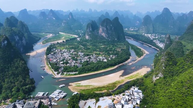 View of Li River with karst peaks at Xingping Ancient Town in the Guangxi Region, China