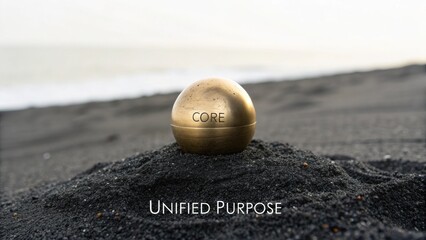 Brass sphere with 'CORE' inscription resting on dark sand, representing unified purpose by the ocean