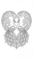Elegant Heart-Shaped Design with Peacocks and Intricate Swirls