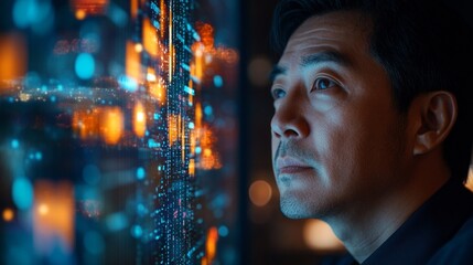 A man gazes thoughtfully through streams of digital data, symbolising the connection between humans and technology, which is suitable as an innovative backdrop