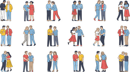 Collection of diverse couples and people in casual clothing engaging in conversation, hugging, and walking together for social interaction and relationship concepts.