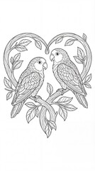 Heart-shaped Illustration of Two Parrots Among Leaves and Vines