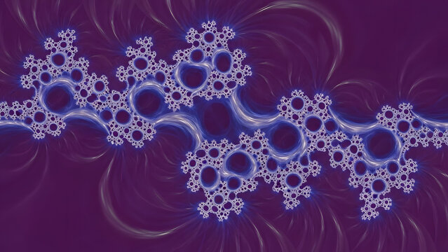 Intricate blue and white fractal pattern resembling abstract floral designs on a deep purple background