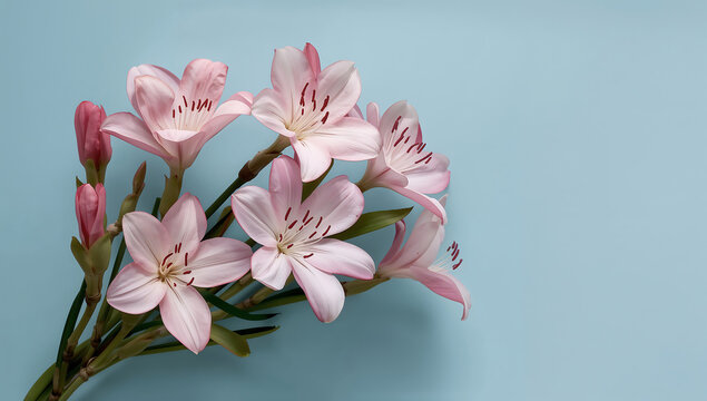 Delicate pink alstroemeria flowers flat lay on blue background with copy space