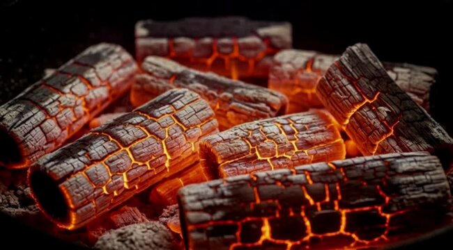 Hot burning charcoal logs with fiery cracked patterns and glowing embers