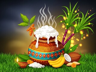 Colorful pot with foamy liquid surrounded by tropical fruits and plants bananas coconut